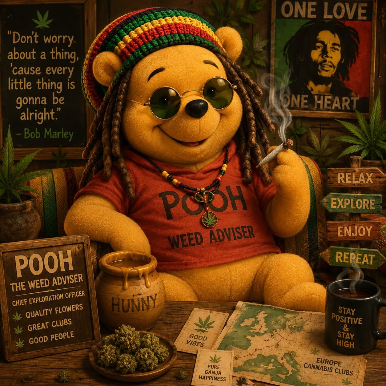 Pooh the weed adviser — a Rasta Winnie-the-Pooh, Costa Daurada cannabis guide
